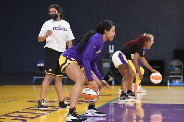Arella Guirantes of the Los Angeles Sparks handles the ball before the game against the New York Liberty on June 20, 2021 at the Los Angeles...