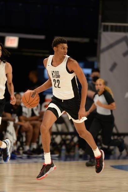 League Prospect, Derrick Alston Jr. Dribbles the ball during the 2021 NBA G League Elite Camp on June 20, 2021 at the Wintrust Arena in Chicago,...