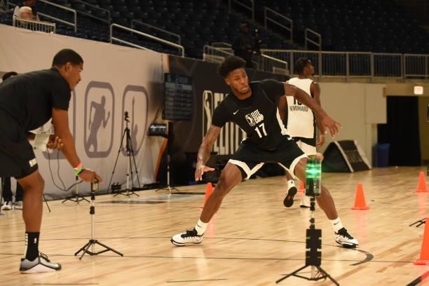 League Prospect, DJ Stewart Jr. Participates in the combine during the 2021 NBA G League Elite Camp on June 20, 2021 at the Wintrust Arena in...