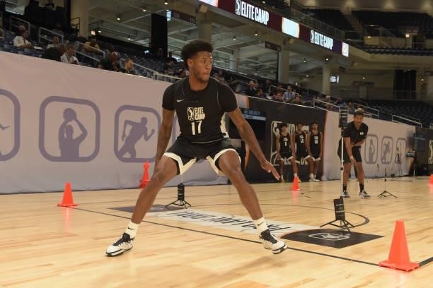 League Prospect, DJ Stewart Jr. Participates in the combine during the 2021 NBA G League Elite Camp on June 20, 2021 at the Wintrust Arena in...