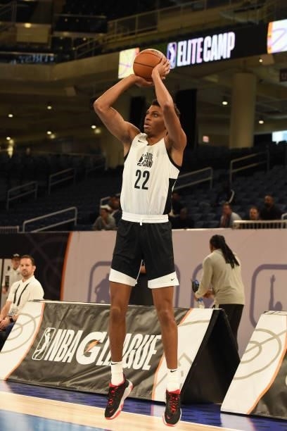 League Prospect, Derrick Alston Jr. Shoots a three point basket during the 2021 NBA G League Elite Camp on June 20, 2021 at the Wintrust Arena in...