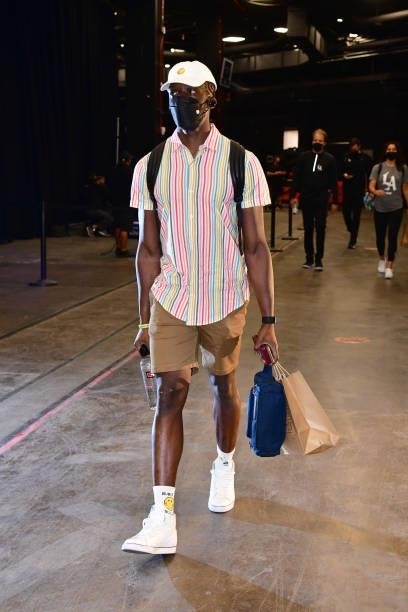 Reggie Jackson of the LA Clippers arrives before the game against the Phoenix Suns during Game 1 of the Western Conference Finals of the 2021 NBA...