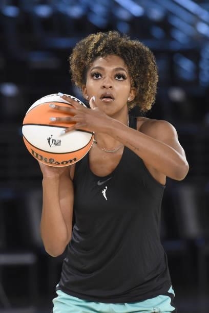 DiDi Richards of the New York Liberty looks to shoot the ball before the game against the Los Angeles Sparks on June 20, 2021 at the Los Angeles...