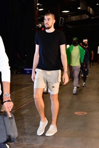 Ivica Zubac of the LA Clippers arrives before the game against the Phoenix Suns during Game 1 of the Western Conference Finals of the 2021 NBA...