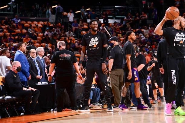 Deandre Ayton of the Phoenix Suns smiles before the game against the LA Clippers during Game 1 of the Western Conference Finals of the 2021 NBA...