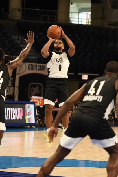 League Prospect, Mike Smith shoots a three point basket during the 2021 NBA G League Elite Camp on June 20, 2021 at the Wintrust Arena in Chicago,...