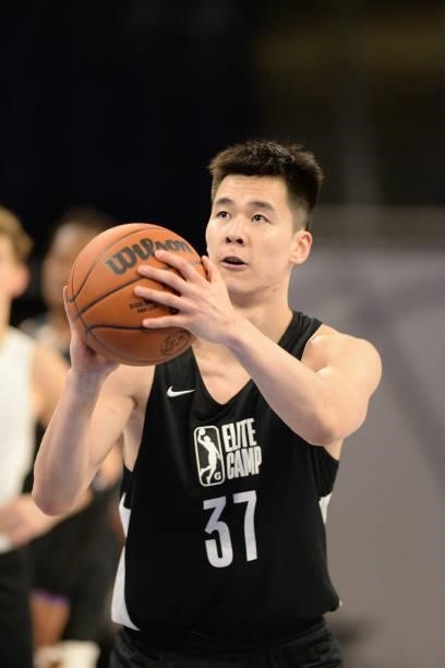 League Prospect, Haowen Guo shoots a free throw during the 2021 NBA G League Elite Camp on June 20, 2021 at the Wintrust Arena in Chicago, Illinois....