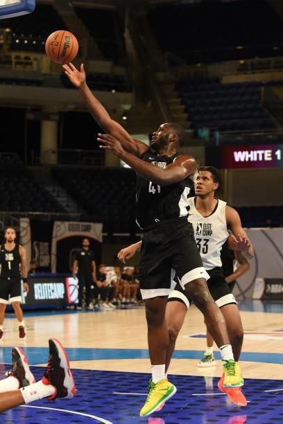 League Prospect, Eugene Omoruyi drives to the basket during the 2021 NBA G League Elite Camp on June 20, 2021 at the Wintrust Arena in Chicago,...