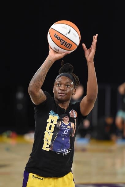Erica Wheeler of the Los Angeles Sparks shoots the ball before the game against the New York Liberty on June 20, 2021 at the Los Angeles Convention...