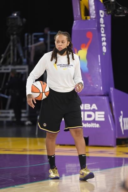 Assistant Coach Seimone Augustus of the Los Angeles Sparks handles the ball before the game against the New York Liberty on June 20, 2021 at the Los...