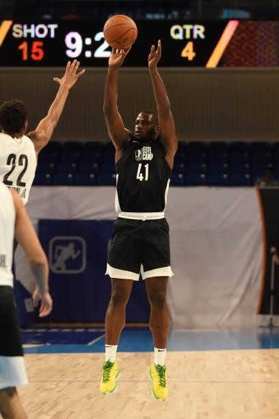 League Prospect, Eugene Omoruyi shoots a three point basket during the 2021 NBA G League Elite Camp on June 20, 2021 at the Wintrust Arena in...