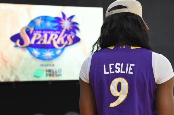 Chiney Ogwumike of the Los Angeles Sparks wears a jersey of former Los Angeles Sparks player Lisa Leslie before the game against the New York Liberty...