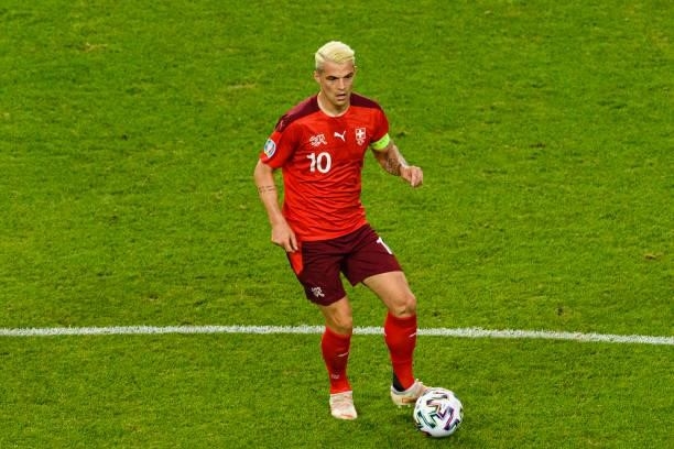 Granit Xhaka of Switzerland controls the ball during the UEFA Euro 2020 Championship Group A match between Switzerland and Turkey on June 20, 2021 in...