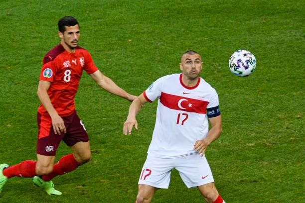 Burak Yilmaz of Turkey controls the ball during the UEFA Euro 2020 Championship Group A match between Switzerland and Turkey on June 20, 2021 in...