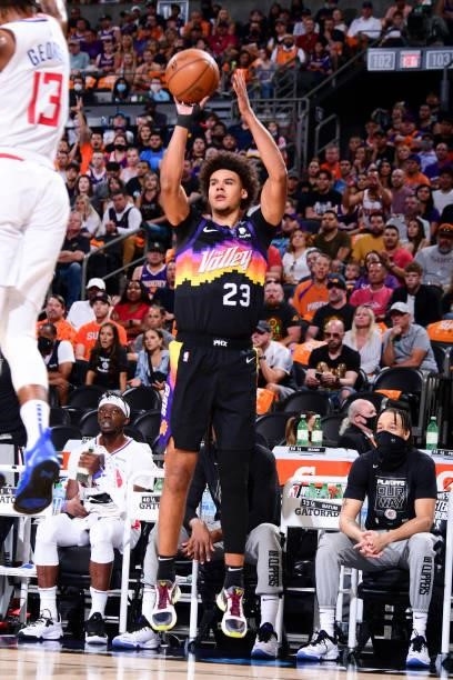 Cameron Johnson of the Phoenix Suns shoots the ball during the game against the LA Clippers during Game 1 of the Western Conference Finals of the...