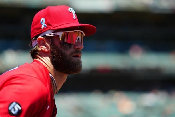 Bryce Harper of the Philadelphia Phillies wears a Fathers day hat before the game between the Philadelphia Phillies and the San Francisco Giants at...