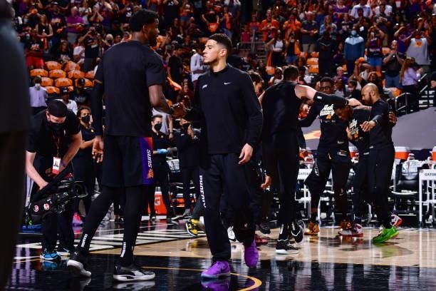 Devin Booker of the Phoenix Suns is introduced before the game against the LA Clippers during Game 1 of the Western Conference Finals of the 2021 NBA...