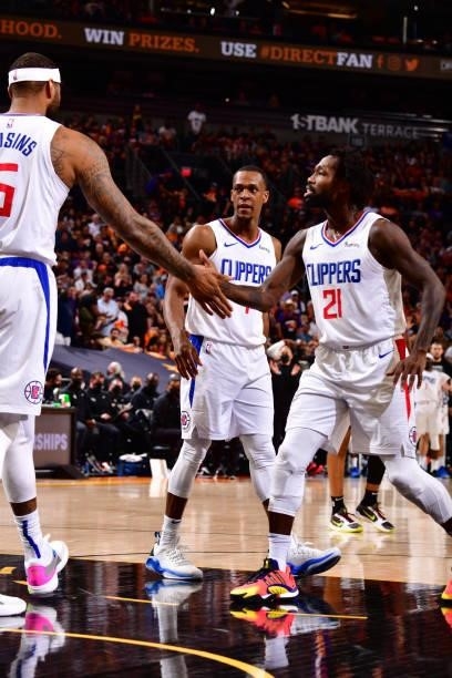 Patrick Beverley of the LA Clippers high-fives teammates during the game against the Phoenix Suns during Game 1 of the Western Conference Finals of...