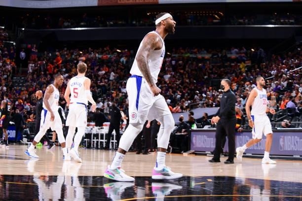 DeMarcus Cousins of the LA Clippers yells during the game against the Phoenix Suns during Game 1 of the Western Conference Finals of the 2021 NBA...