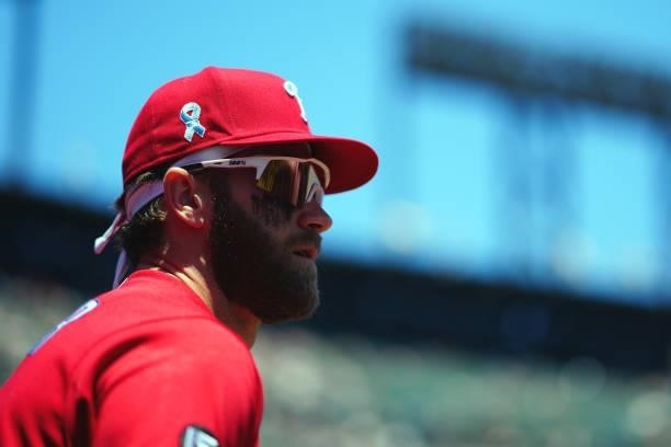 Bryce Harper of the Philadelphia Phillies wears a Fathers day hat before the game between the Philadelphia Phillies and the San Francisco Giants at...