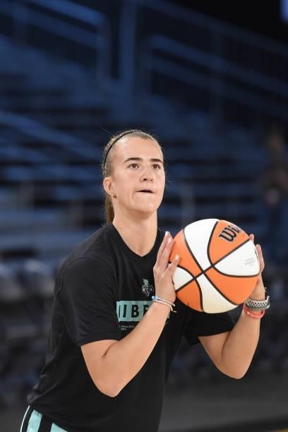 Sabrina Ionescu of the New York Liberty looks to shoot the ball before the game against the Los Angeles Sparks on June 20, 2021 at the Los Angeles...