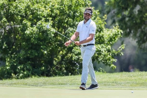 Curtis Thompson reacts after missing his putt on the 8th green during the final round of the Wichita Open Benefitting KU Wichita Pediatrics at...