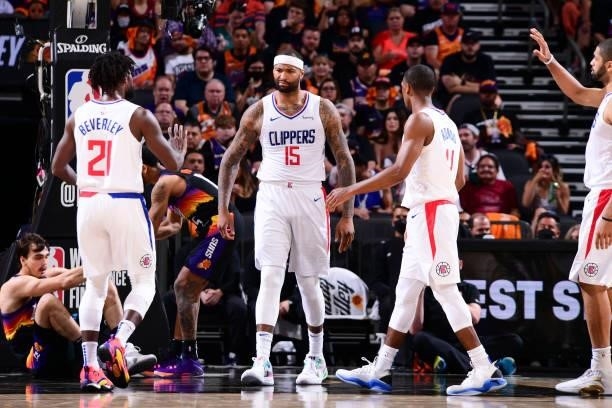 DeMarcus Cousins of the LA Clippers reacts to his dunk during the game against the Phoenix Suns during Game 1 of the Western Conference Finals of the...