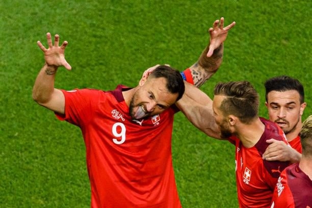 Haris Seferovic of Switzerland celebrates his goal during the UEFA Euro 2020 Championship Group A match between Switzerland and Turkey on June 20,...
