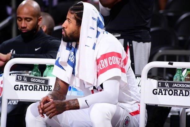 Paul George of the LA Clippers looks on during the game against the Phoenix Suns during Game 1 of the Western Conference Finals of the 2021 NBA...