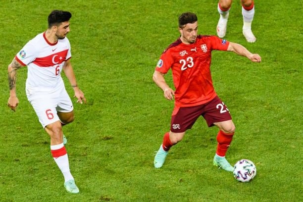 Xherdan Shaqiri of Switzerland plays against Ozan Tufan of Turkey during the UEFA Euro 2020 Championship Group A match between Switzerland and Turkey...