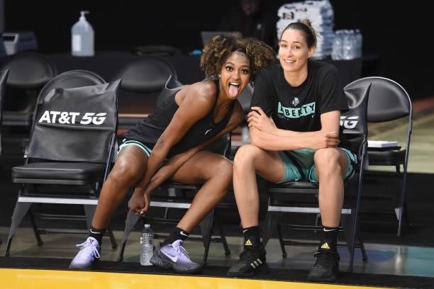DiDi Richards and Rebecca Allen of the New York Liberty smile before the game against the Los Angeles Sparks on June 20, 2021 at the Los Angeles...