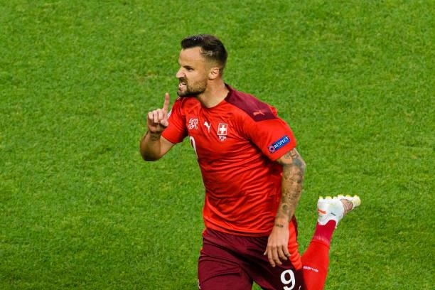 Haris Seferovic of Switzerland celebrates his goal during the UEFA Euro 2020 Championship Group A match between Switzerland and Turkey on June 20,...