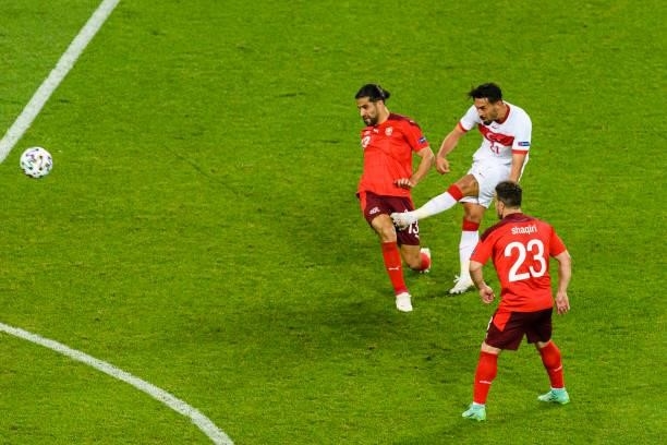 Irfan Can Kahveci of Turkey attempts a kick for score his goal during the UEFA Euro 2020 Championship Group A match between Switzerland and Turkey on...
