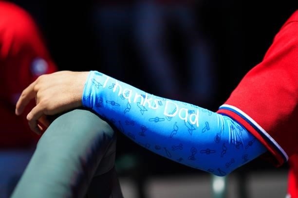 Philadelphia Phillies player wears a Fathers Day arm sleeve before the game between the Philadelphia Phillies and the San Francisco Giants at Oracle...
