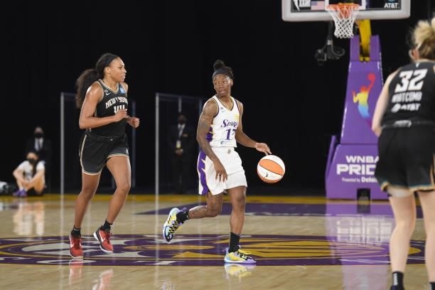 Erica Wheeler of the Los Angeles Sparks dribbles the ball against the New York Liberty on June 20, 2021 at the Los Angeles Convention Center in Los...