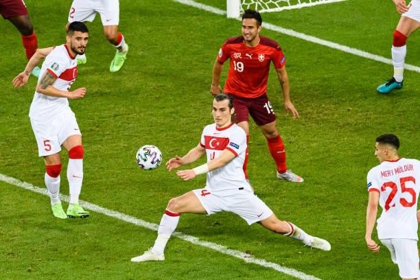 Caglar Soyuncu of Turkey in action during the UEFA Euro 2020 Championship Group A match between Switzerland and Turkey on June 20, 2021 in Baku,...