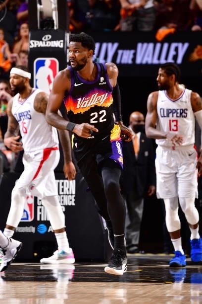 Deandre Ayton of the Phoenix Suns runs down court during the game against the LA Clippers during Game 1 of the Western Conference Finals of the 2021...