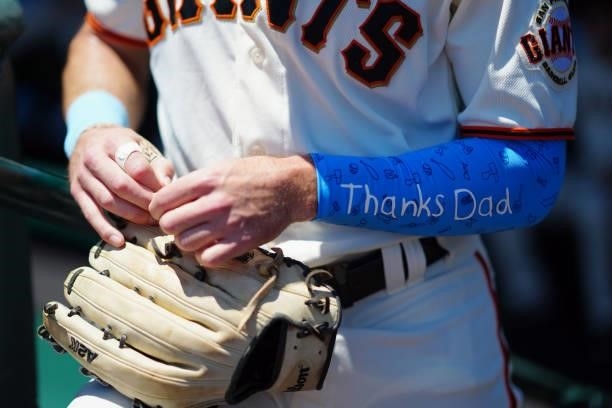 San Francisco Giants player wears a Fathers Day arm sleeve before the game between the Philadelphia Phillies and the San Francisco Giants at Oracle...