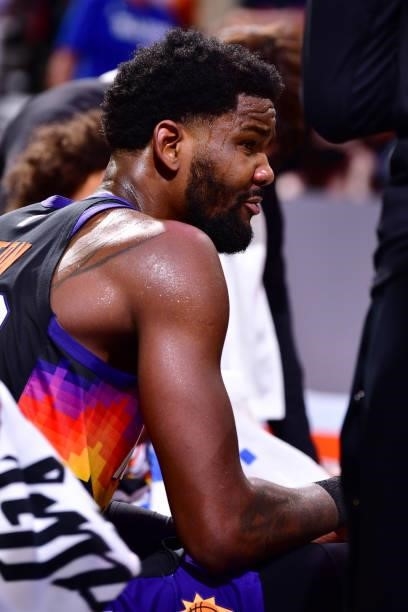 Deandre Ayton of the Phoenix Suns looks on during the game against the LA Clippers during Game 1 of the Western Conference Finals of the 2021 NBA...