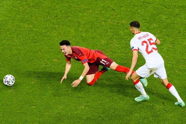 Ruben Vargas of Switzerland is challenged by Mert Muldur of Turkey during the UEFA Euro 2020 Championship Group A match between Switzerland and...