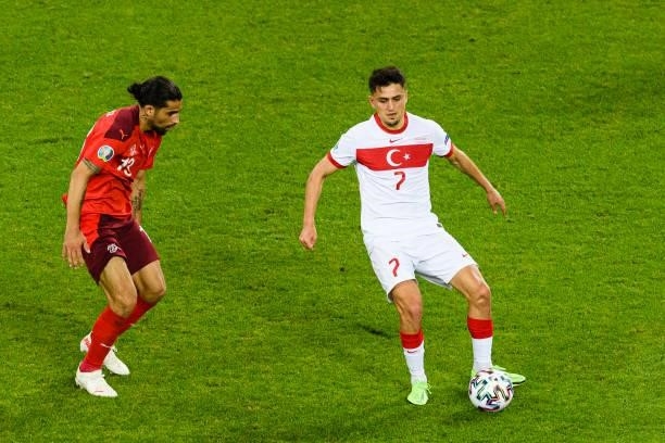 Cengiz Under of Turkey plays against Ricardo Rodríguez of Switzerland during the UEFA Euro 2020 Championship Group A match between Switzerland and...