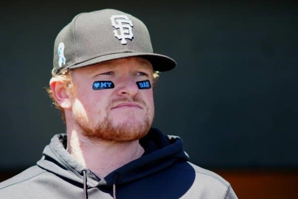 Logan Webb of the San Francisco Giants wears Fathers Day eye black before the game between the Philadelphia Phillies and the San Francisco Giants at...