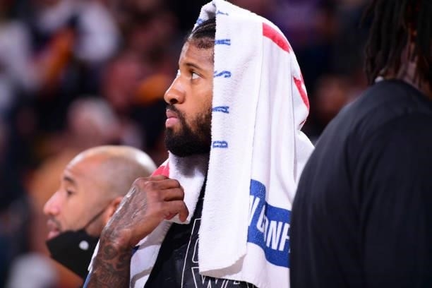 Paul George of the LA Clippers looks on during the game against the Phoenix Suns during Game 1 of the Western Conference Finals of the 2021 NBA...