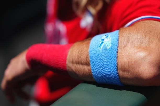 Philadelphia Phillies player wears a Fathers Day armband before the game between the Philadelphia Phillies and the San Francisco Giants at Oracle...