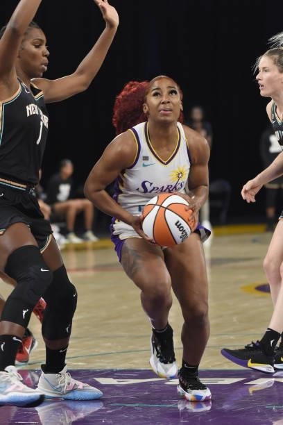 Te'a Cooper of the Los Angeles Sparks drives to the basket against the New York Liberty on June 20, 2021 at the Los Angeles Convention Center in Los...