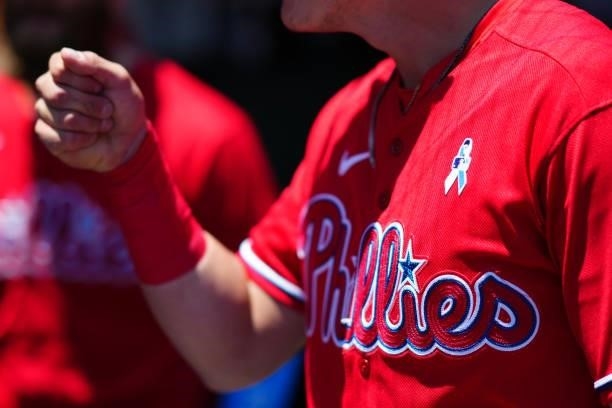 Philadelphia Phillies player wears a Fathers Day uniform before the game between the Philadelphia Phillies and the San Francisco Giants at Oracle...