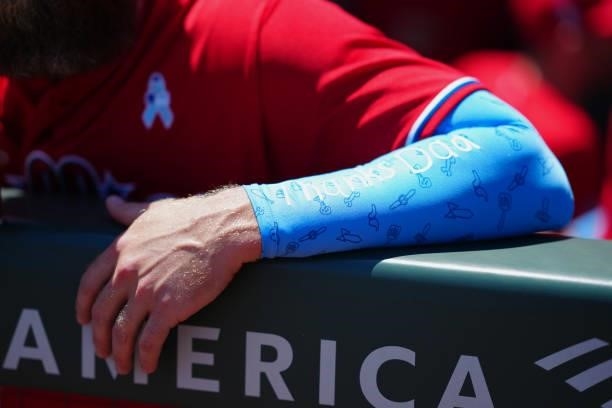 Philadelphia Phillies player wears a Fathers Day arm sleeve before the game between the Philadelphia Phillies and the San Francisco Giants at Oracle...