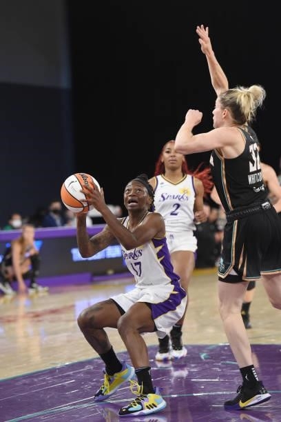 Erica Wheeler of the Los Angeles Sparks looks to shoot the ball against the New York Liberty on June 20, 2021 at the Los Angeles Convention Center in...