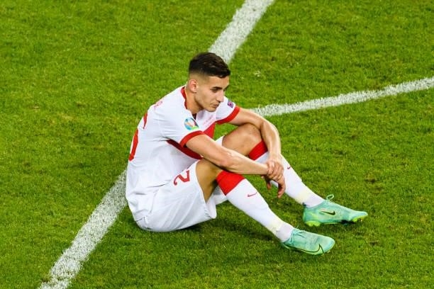 Mert Muldur of Turkey reacts after defeat during the UEFA Euro 2020 Championship Group A match between Switzerland and Turkey on June 20, 2021 in...