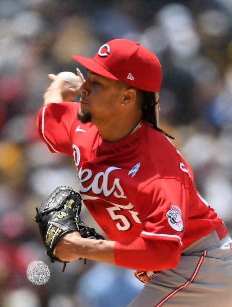 Luis Castillo of the Cincinnati Reds pitches during the first inning of a baseball game against the San Diego Padres at Petco Park on June 20, 2021...